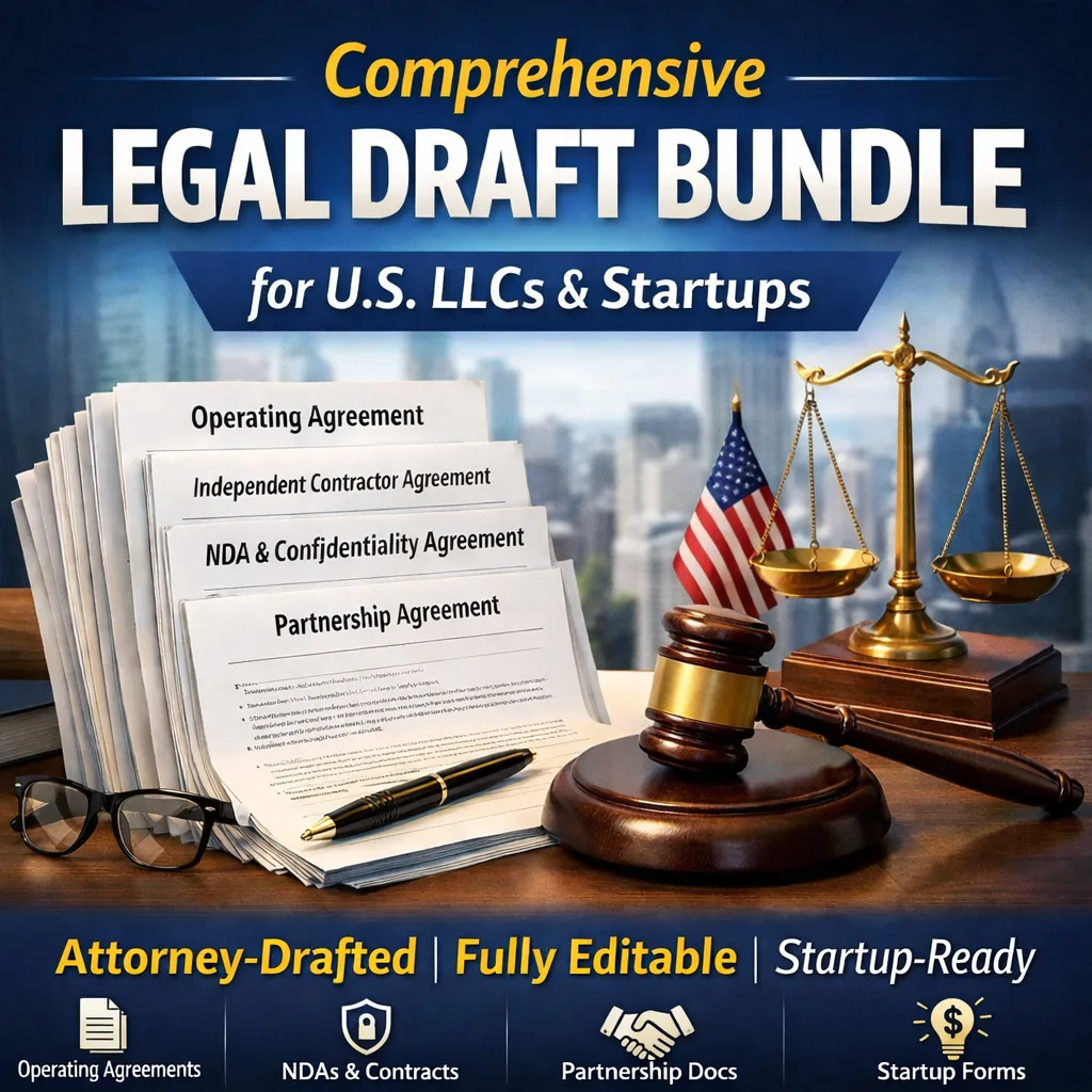 Comprehensive legal draft bundle for U.S. LLCs and startups featuring attorney-drafted business contracts and compliance documents