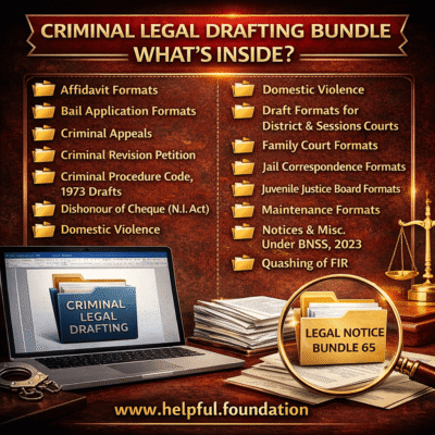 Promotional image showing the Criminal Legal Drafting Bundle by Helpful Foundation, highlighting its suitability for advocates, law firms, legal interns, and criminal litigation professionals.