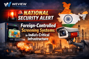 National Security Alert highlighting risks of foreign-controlled screening systems in India’s critical infrastructure, including surveillance cameras, industrial facilities, and national security symbols.