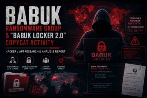 Featured image for “Babuk Ransomware Group & Babuk Locker 2.0 Copycat Activity” showing a hooded cybercriminal, ransomware warning screens, encrypted file alerts, and global cyber attack infrastructure visuals.