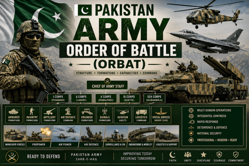 Infographic-style featured image showing Pakistan Army Order of Battle (ORBAT), including corps formations, armored units, artillery, air defence systems, aviation assets, missile launchers, tanks, and military command structure.
