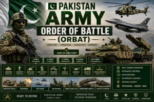 Infographic-style featured image showing Pakistan Army Order of Battle (ORBAT), including corps formations, armored units, artillery, air defence systems, aviation assets, missile launchers, tanks, and military command structure.