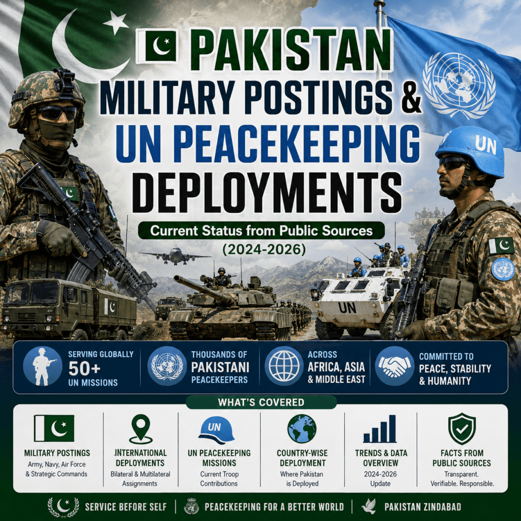 Featured infographic showing Pakistan military deployments and UN peacekeeping operations, including Pakistani soldiers, UN peacekeepers, military vehicles, tanks, aircraft, and global deployment themes from 2024–2026.