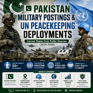 Featured infographic showing Pakistan military deployments and UN peacekeeping operations, including Pakistani soldiers, UN peacekeepers, military vehicles, tanks, aircraft, and global deployment themes from 2024–2026.