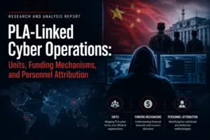 PLA-linked cyber operations research report cover featuring cybersecurity imagery, Chinese military symbolism, global network map, and analysis of units, funding mechanisms, and personnel attribution.