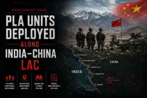 PLA military deployment assessment map along the India-China Line of Actual Control (LAC) featuring Chinese troops, armored vehicles, Himalayan terrain, and strategic border sectors.