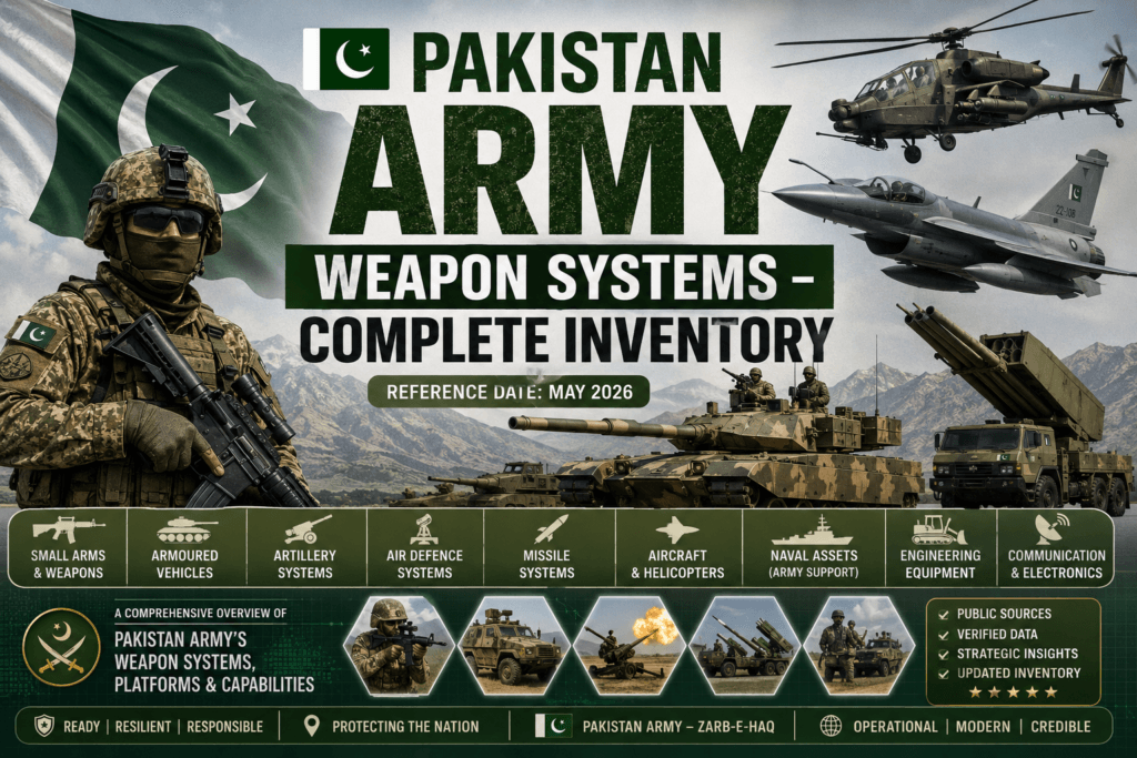 Pakistan Army Infographic-style featured image showing Pakistan Army weapon systems inventory, including tanks, missile launchers, helicopters, fighter aircraft, artillery systems, armored vehicles, and military equipment with reference date May 2026.