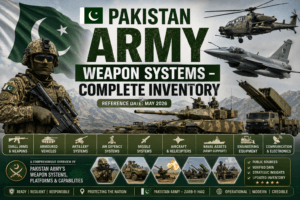 Infographic-style featured image showing Pakistan Army weapon systems inventory, including tanks, missile launchers, helicopters, fighter aircraft, artillery systems, armored vehicles, and military equipment with reference date May 2026.