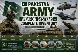 Pakistan Army Infographic-style featured image showing Pakistan Army weapon systems inventory, including tanks, missile launchers, helicopters, fighter aircraft, artillery systems, armored vehicles, and military equipment with reference date May 2026.