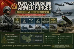 PLA Infographic-style featured image showing the People’s Liberation Armed Forces structure, including ground forces, naval forces, air force, rocket forces, strategic support systems, joint logistics, military command structure, and integrated operations reference for May 2026.