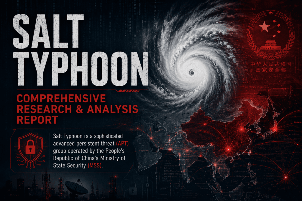 Featured image for “Salt Typhoon: Comprehensive Research & Analysis Report” showing a cyber threat themed typhoon over Asia with red digital network connections, cybersecurity graphics, and references to a China-linked APT operation.
