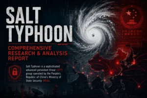 Featured image for “Salt Typhoon: Comprehensive Research & Analysis Report” showing a cyber threat themed typhoon over Asia with red digital network connections, cybersecurity graphics, and references to a China-linked APT operation.