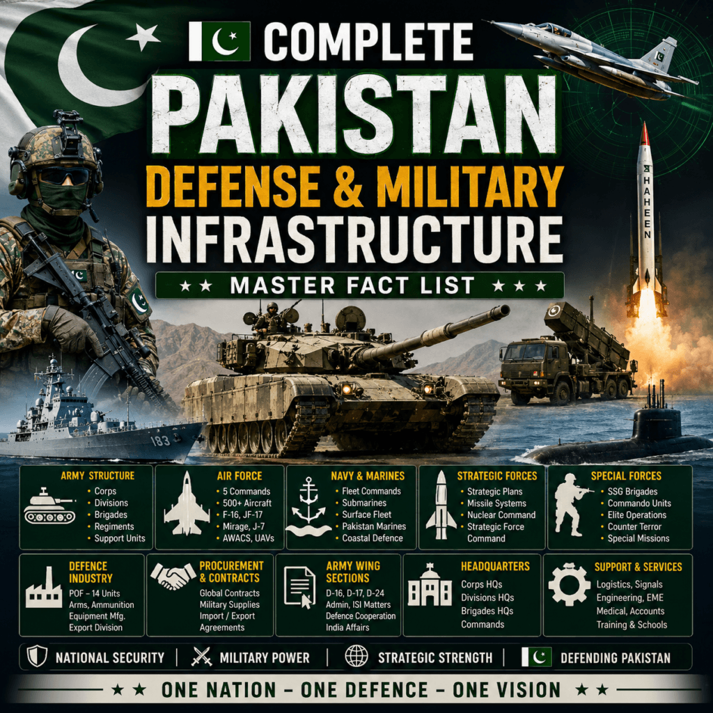 Infographic-style featured image showing Pakistan’s military and defense infrastructure, including army, air force, navy, missiles, tanks, special forces, and strategic command structure with the title “Complete Pakistan Defense & Military Infrastructure – Master Fact List”.