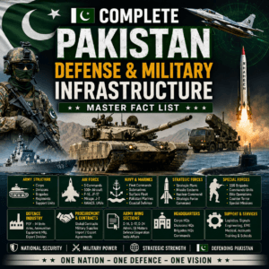 Infographic-style featured image showing Pakistan’s military and defense infrastructure, including army, air force, navy, missiles, tanks, special forces, and strategic command structure with the title “Complete Pakistan Defense & Military Infrastructure – Master Fact List”.