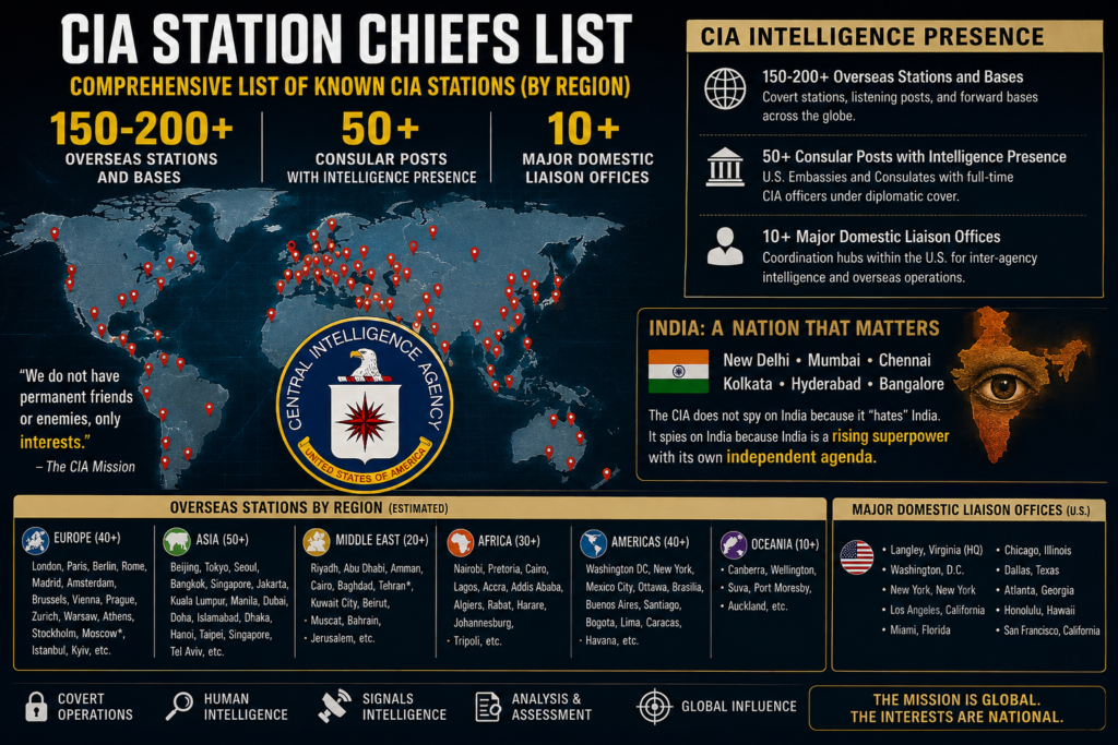 CIA Station Chiefs List showing known CIA stations and intelligence presence by region across the world, including India.