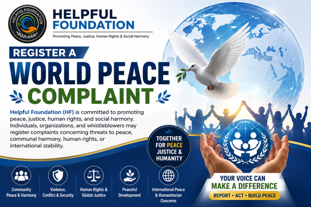 Register a World Peace Complaint with Helpful Foundation – Promote peace, justice, human rights, communal harmony, and global peace initiatives.
