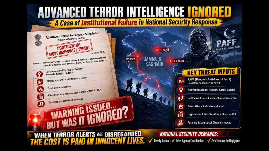 Advanced Terror Intelligence Ignored infographic showing a confidential warning about PAFF (People's Anti-Fascist Front), terror threats in Jammu & Kashmir, infiltration routes, and national security intelligence analysis.