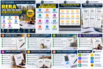 RERA Legal Drafting Bundle infographic showing 600+ legal templates, agreements, RERA complaints, appeals and compliance documents by Helpful Foundation